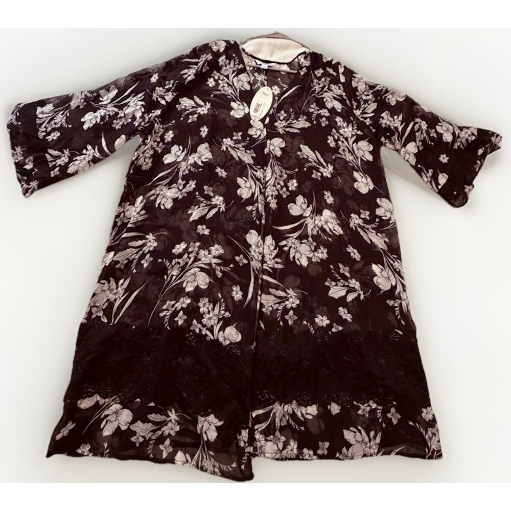 Boutique Floral Black White Lace Trim A-Line Bell Sleeve Dress 1X Polyester NWT